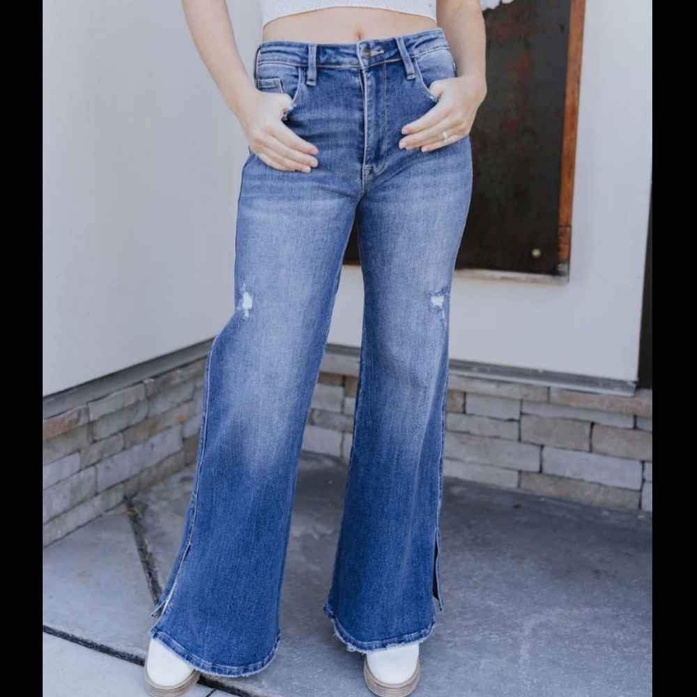 Rooted Roxanne Slit Flare Jeans - Blue with light distressing